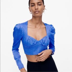 Zara blue black satin effects crop long sleeve top side zip medium m